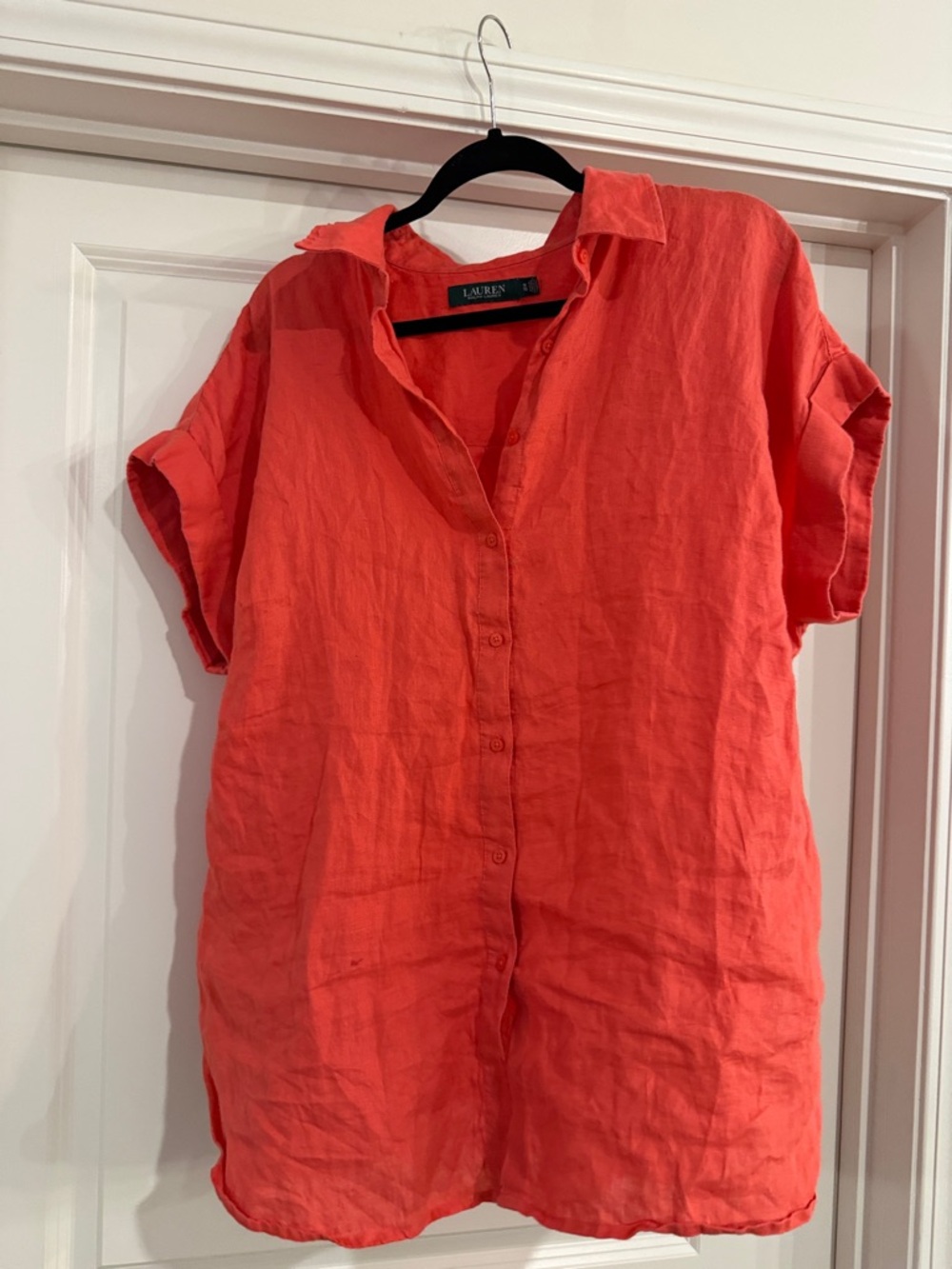 Lauren Ralph Lauren Coral Button-Down Short Sleeve Linen Shirt
